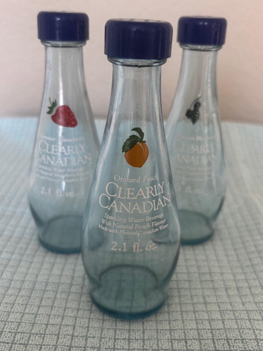Clearly Canadian Salt And Pepper Shakers Peach Strawberry Blackberry Blue Glass